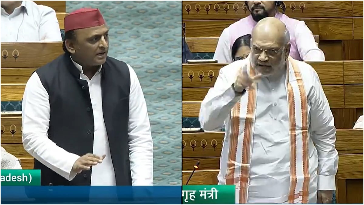 X/@ANI : SP chief Akhilesh Yadav (L) and Union Minister Amit Shah in Lok Sabha | 